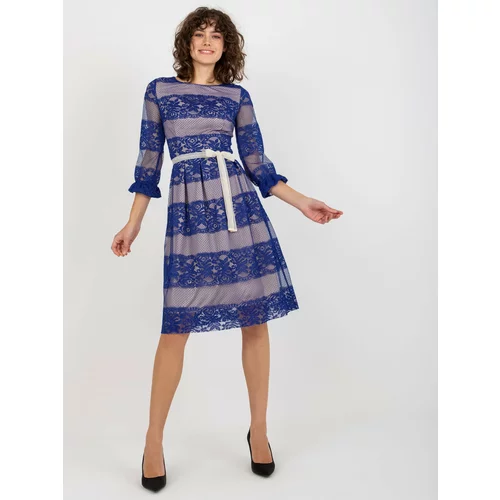 Fashion Hunters Cobalt blue midi cocktail dress with lace and belt