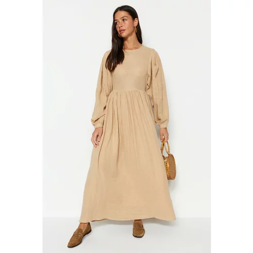 Trendyol Mink Belted Comfort Fit Lined Muslin 100% Cotton Woven Dress