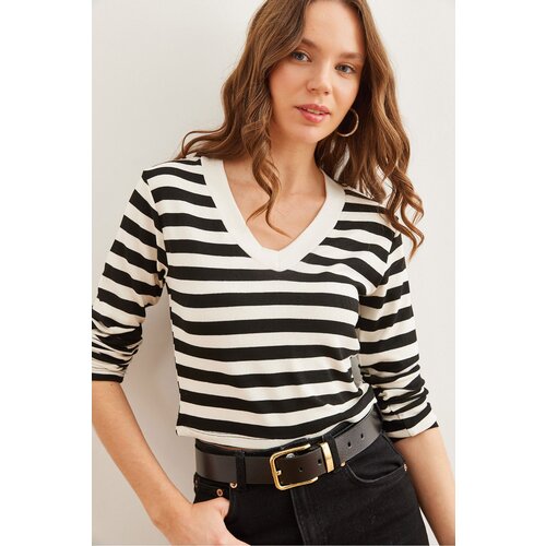 Olalook Women's Thick Striped Black V Neck Soft Touch Flexible Blouse Slike