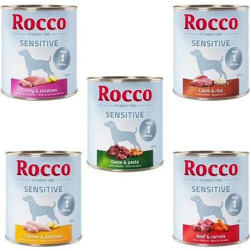 Rocco mešana poskusna pakiranja 6 x 800 g - Sensitive: piščanec/krompir, jagnjetina/riž, divjačina/ testenine, puran/krompir, govedina/korenje Cene