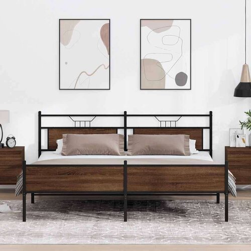 Metalni Kovinski posteljni okvir brez vzmetnice rjavi hrast 193x203 cm, (21829293) Slike