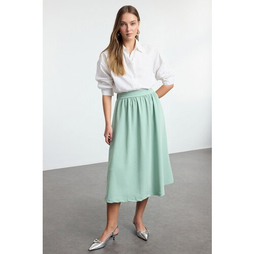 Trendyol Mint Elastic Waist Paper Touch Flared Midi Skirt Slike