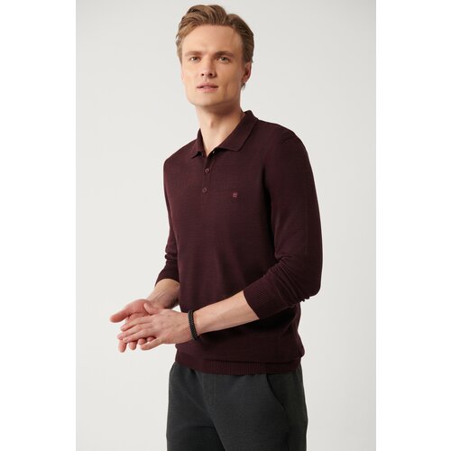 Avva Men's Burgundy Knitwear Sweater 3 Button Polo Collar Standard Fit Regular Cut Slike