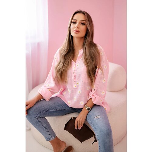 Kesi Włoski Linen Women's Blouse with Floral Pattern, Long Sleeves, and Buttons Candy Pink Cene