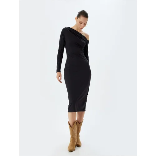 Koton Midi Dress Asymmetrical Neck Draped Slim Fit Long Sleeve