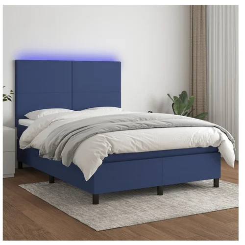  Box spring postelja z vzmetnico LED modra 140x190 cm blago