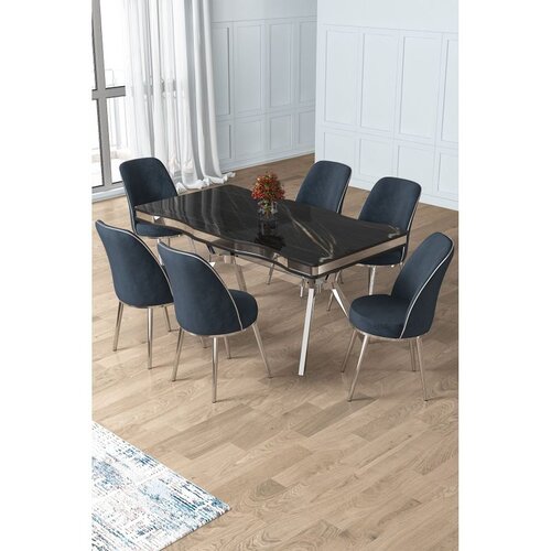 Hanah home trpezarijski set Prah, sto i 6 stolica, ploča u dekoru Sonata, hromirane noge, antracit tkanina Babyface Cene