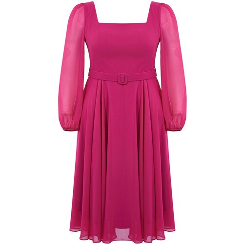 Trendyol Curve Plum Belted Square Neckline Long Balloon Sleeve Chiffon A-Line Plus Size Evening Dress Cene