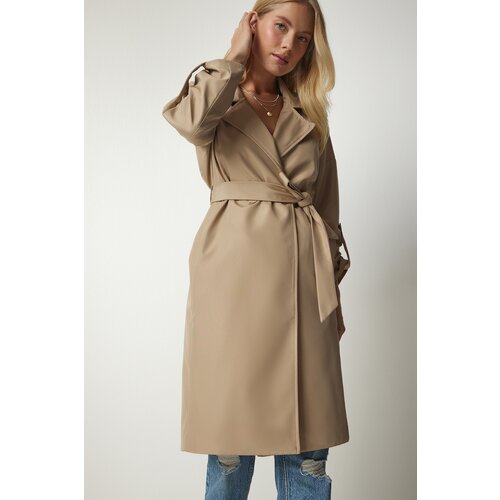  Women's Beige Belted Seasonal Trench Coat Cene