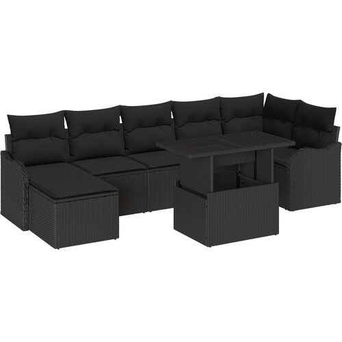 VidaXL 8-delna vrtna sofa garnitura z blazinami črna poliratana, 2-sedežni vrtni kavč s shrambo in blazinami črna poliratana Slike