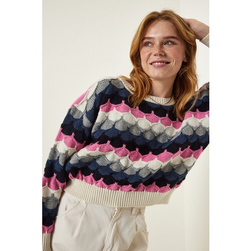 Happiness İstanbul Cream Pink Textured Seasonal Knitwear Sweater Slike