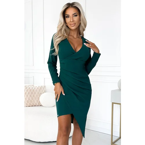 Numoco 290-3 Asymmetrical dress with long sleeves, neckline and ruching - GREEN