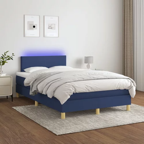 vidaXL Box spring postelja z vzmetnico LED modra 120x200 cm blago