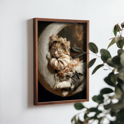 Wallxpert uramljena MDF slika NAL018-46, mače spava na mesecu u prugastoj pidžami, 35,5 x 47 cm Slike