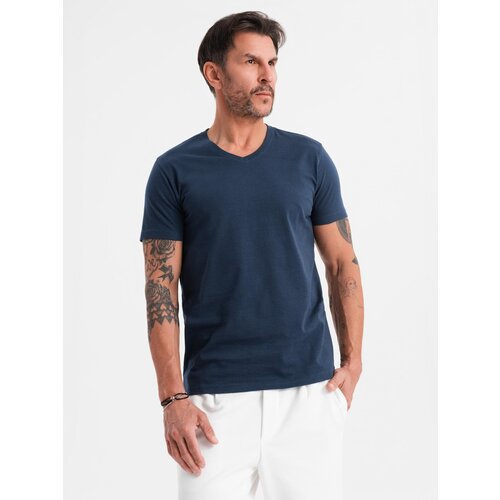 Ombre Men&amp;#039;s BASIC classic cotton T-shirt with a v-neck - navy blue Slike