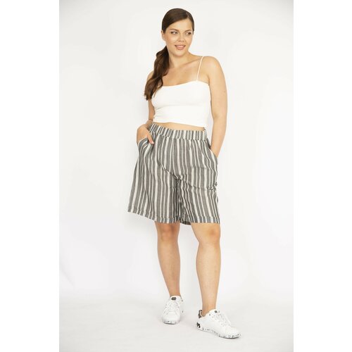 Şans women's anthracite plus size striped linen woven fabric shorts with elastic waist pockets Slike