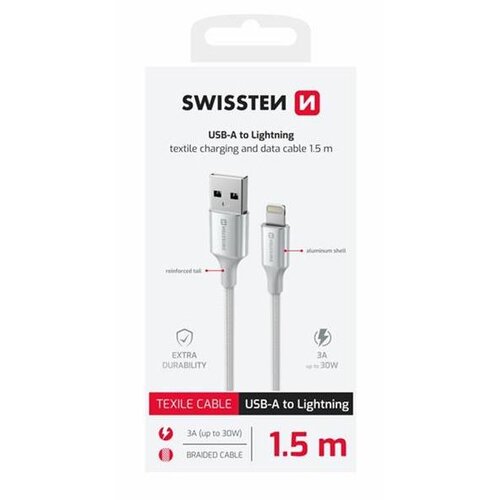 Swissten kabel USB/Lightning TEXTILE II, 3A, 480 Mb/s, 1,5m bijelo-srebrni Cijene