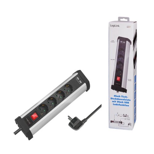 Logilink produžni kabl 4 mesta, 2 USB, prekidač, stalak, 3.0m, aluminium ( 4798 ) Slike