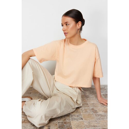 Trendyol Premium Peach 100% Cotton Basic Crop Knitted T-Shirt Slike