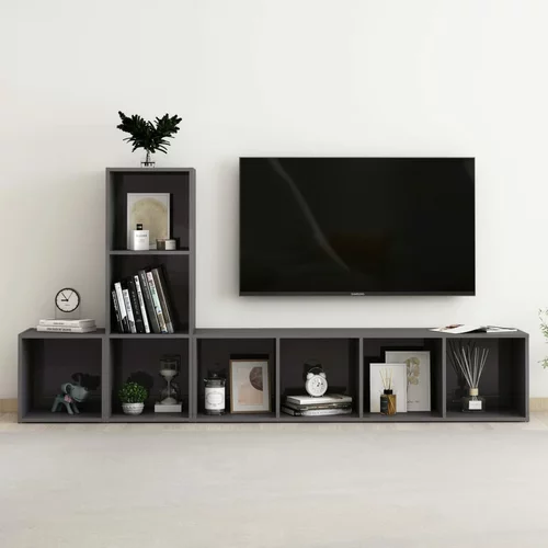 vidaXL Komplet TV omaric 3-delni visok sijaj siva iverna plošča, (20914634)