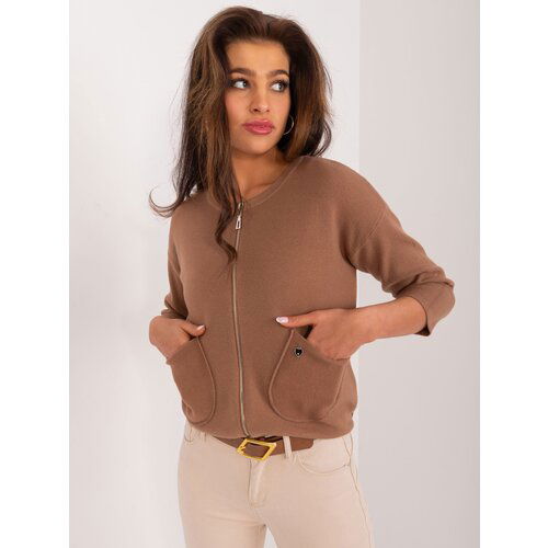 Fashion Hunters Light brown women's cardigan with viscose content Slike