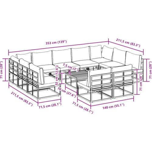 VidaXL Vrtna sedežna garnitura 12 pcs Črna 70 x 70 x 32 cm Aluminij Slike