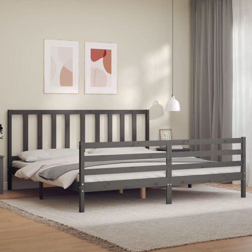 The Living Store Posteljni okvir z vzglavjem siv 200x200 cm trden les - Posteljni Okvir, (21525169) Slike