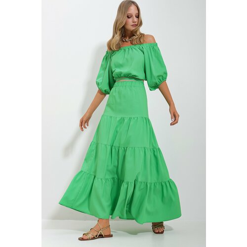 Trend Alaçatı Stili Women's Green Madonna Collar Crop Blouse Gathered Inner Lined Skirt Poplin Suit Cene