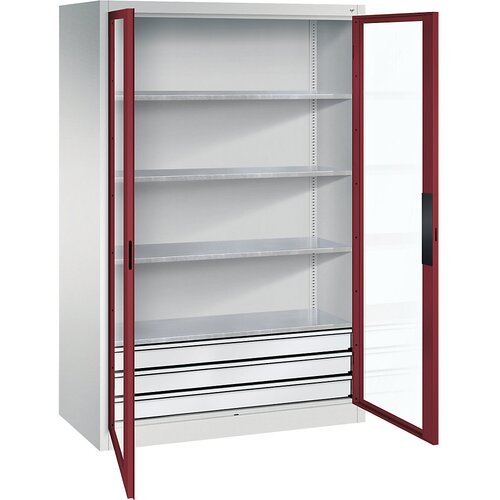 C+P Omara s krilnimi vrati z akrilnim steklom, VxŠxG 1950 x 1200 x 600 mm, 4 police, 3 predali, svetlo sive / rubinasto rdeče barve Cene