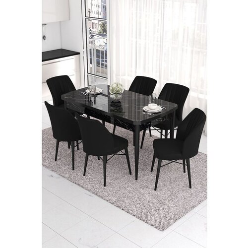 Hanah home Eva - Black Marble, Black Black MarbleBlack Extendable Dining Table & Chairs Set (7 Pieces) Cene