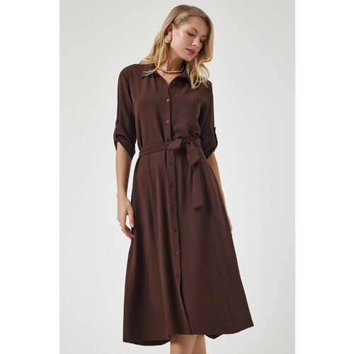 Happiness İstanbul Women's Brown Belted Shirt Dress Slike