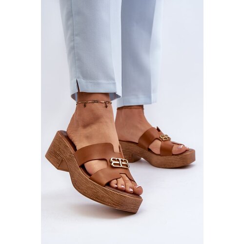 Kesi Zazoo Elegant leather women's slippers with gold trimmings, brown Cene