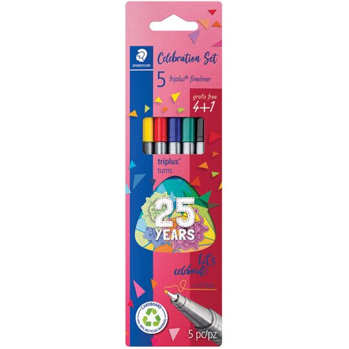 Flomaster fineliner 0,3mm pk4 plus 1 gratis triplus 25 years staedtler 334 bk5 ta blister Slike