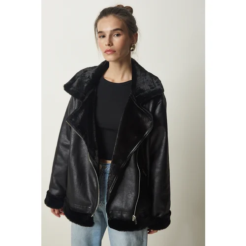  Women's Black Premium Shearling Faux Leather Coat