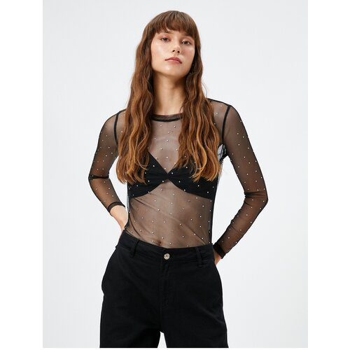 Koton See-through T-shirt with Embroidered Shiny Stones Crew Neck Long Sleeved. Slike