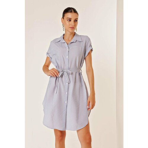 By Saygı Blue Stripe See-through Dress With Belted Waist Short Sleeves and Buttons Front Cene
