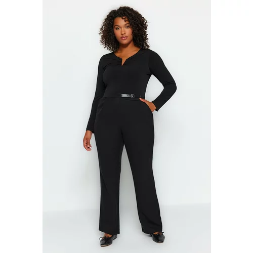 Trendyol Curve Black High Waist Weave Trousers With Belt Detail