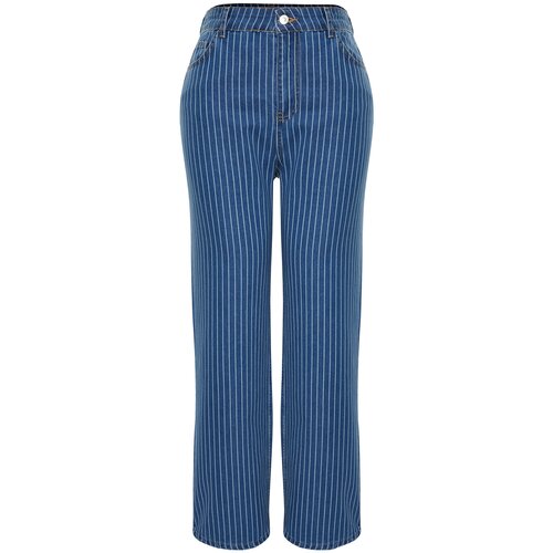 Trendyol Curve Dark Blue Striped Wide Cut Jeans Cene