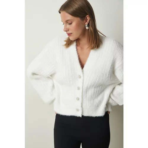 Happiness İstanbul Women's White Pearl Button Detailed Bearded Knitwear Cardigan