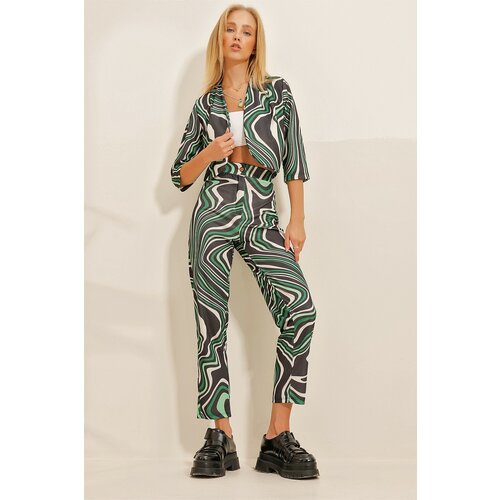 Trend Alaçatı Stili Women's Green Patterned Jacket Pants Set Slike