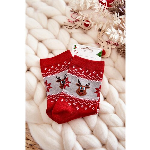 Kesi Women's Christmas Socks Shiny Reindeer Red and Gray Slike