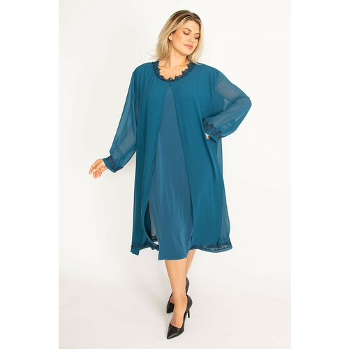 Şans Women's Plus Size Oil Chiffon Cape Lace Detailed Evening Dress Slike