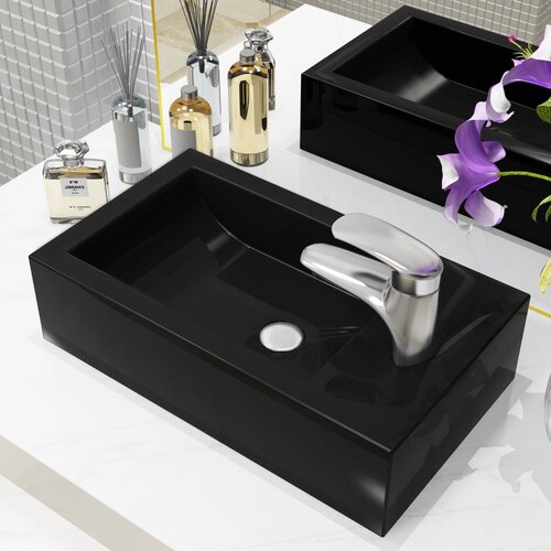 VidaXL Umivaonik s otvorom pravokutni keramički crni 46x25,5x12 cm Slike