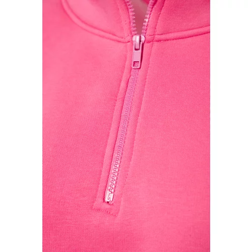 Trendyol Pink Comfort-Cut Crop Basic Zipper Stand-Up Collar Thick Fleece Inside Knitted Sweatshirt