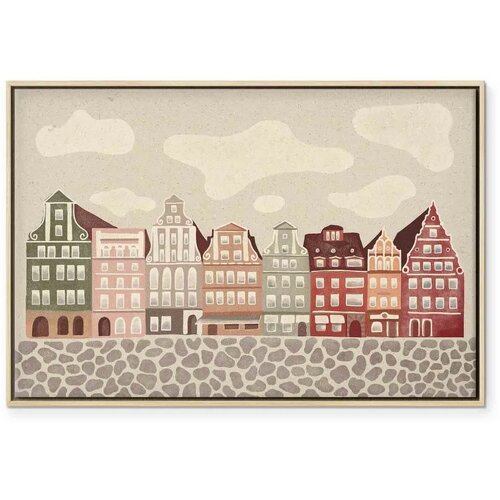  Slika - Salt Square - Colorful Illustrated Townhouses Against a Cloudy Sky Background 90x60 U prirodnom drvenom okviru Cijene