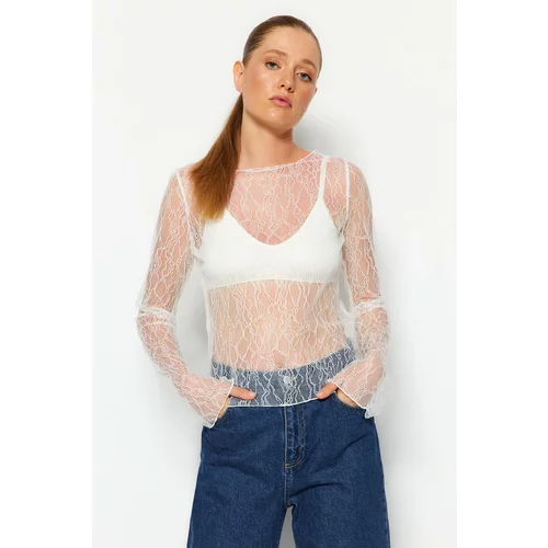 Trendyol White Fitted/Situated Boat Neck Lace Stretch Knitted Blouse