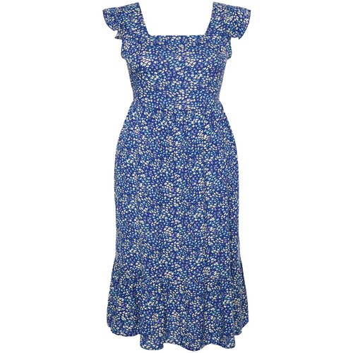 Trendyol Curve Navy Blue A-Line Midi Ruffled Floral Pattern Woven Dress Slike