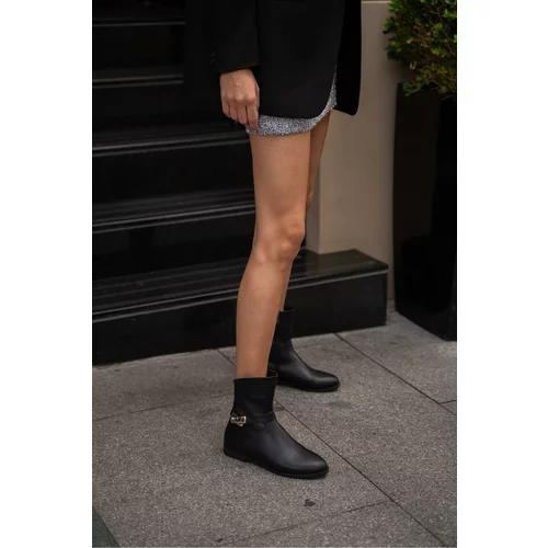 Madamra Black Women's Leather Boots with Buckle Accessories.