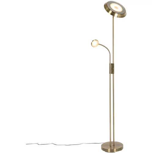 QAZQA Bronasta talna svetilka z LED in zatemnilnikom z bralno svetilko - Fez
