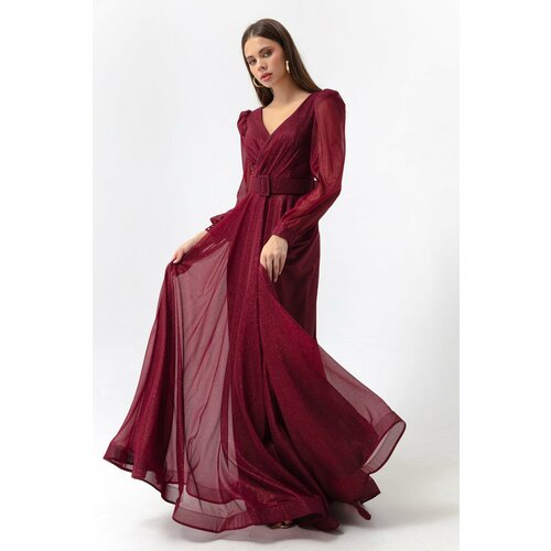 Lafaba Women's Claret Red Double Breasted Collar Glittery Long Flare Evening Dress. Slike